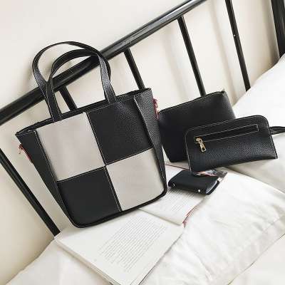 Korean Style Black And White Grid PU Leather Handbag Set For Fashion Women